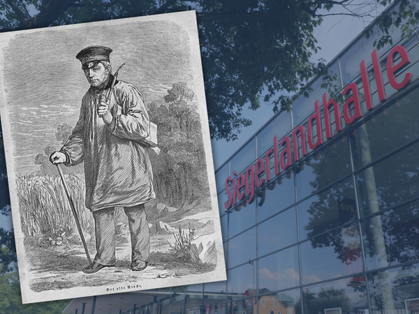 Foto zur Veranstaltung: Zu sehen ist Vincke mit einem Wanderstock und Gepäck, im Hintergrund die Siegerlandhalle