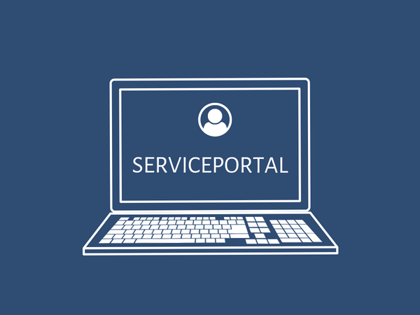 Ein weißes Laptop-Icon auf blauem Hintergrund, auf dem Display steht "Serviceportal"