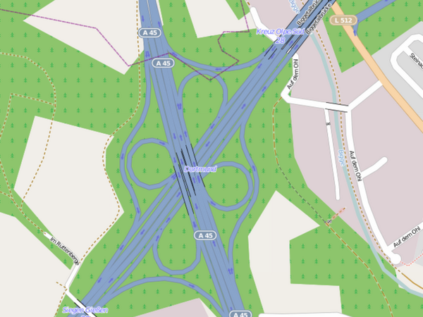 Lage des Autobahnkreuz Olpe-Süd (A4/A45), Quelle: OpenStreetMap