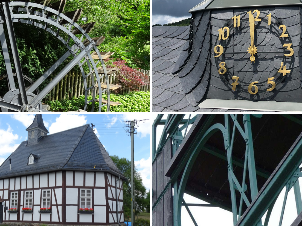 Bildermix - Obere Reihe (v.l.n.r.): Detail des Wasserrades in Langenholdinghausen, Detail des Bürgerhauses Seelbach "Turmuhr", Untere Reihe (v.l.n.r.) Kapellenschule Trupbach, Detail des ehemaligen Steigerturms Bielfeld in Eiserfeld (Fotos: Stadt Siegen)