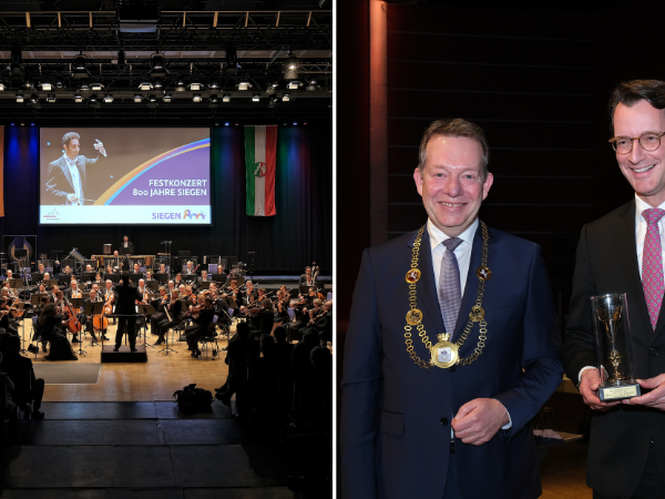 Links: Festkonzert zum Auftakt des Stadtjubiläums "Siegen800" in der Siegerlandhalle; rechts: Bürgermeister Steffen Mues überreichte Ministerpräsident Hendrik Wüst (r.) das Goldene Krönchen. (Fotos: Carsten Schmale)