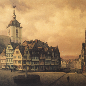 Wilhelm Scheiner (1852-1922): Siegen mit Klubb, Nikolaikirche und Stechmarkt um 1850 (Aquarell im Bestand des Siegerlandmuseums im Oberen Schloss) © Siegerlandmuseum, Siegen
