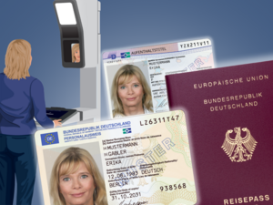 Symbolbild für die bundesweite Umstellung des Lichtbildverfahrens (Passbilder). Quelle Muster Personalausweis: Bundesministerium des Innern und für Heimat / Quelle Muster Aufenthaltstitel: Bundesamt für Migration und Flüchtlinge)