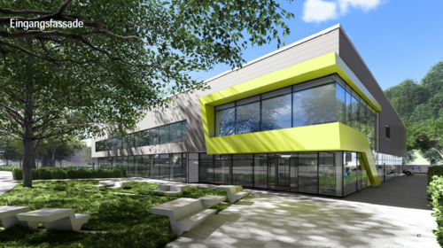 Entwurf für den Eingangsbereich des zukünftigen Hallenbades in Weidenau. (Grafik: Architekturbüro Krieger Architekten)