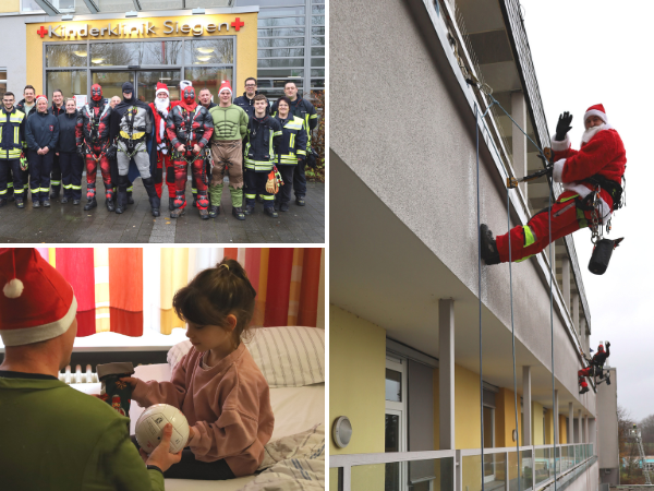 Die Höhenretter der Feuerwehr Siegen seilen sich in Kostümen von Actionhelden zu den Patienten der Siegener Kinderklinik ab (Foto: DRK-Kinderklinik Siegen)