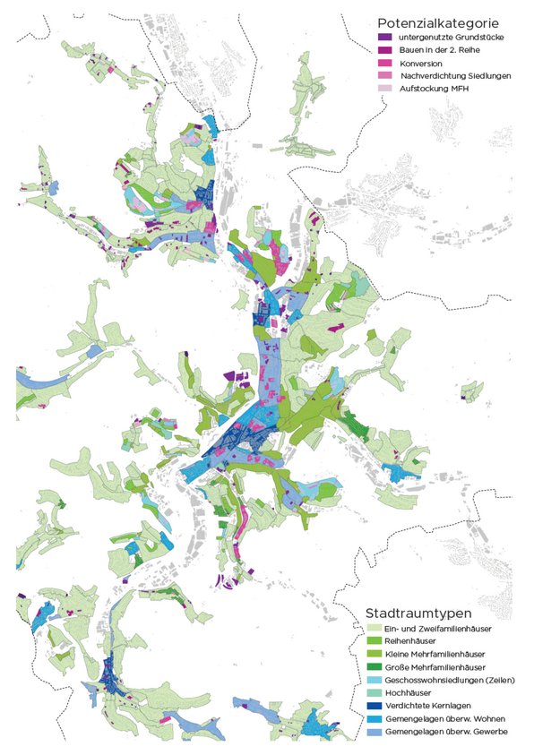 Die Karte zeigt einen Potentialatlas für den Siedlungsraum der Stadt Siegen. Sie ist in verschiedene Stadtraumtypen unterteilt, die farblich oder durch Muster voneinander abgegrenzt sind. Zusätzlich werden Potenzialkategorien visualisiert, die aufzeigen, wo im Stadtgebiet Nachverdichtung möglich ist. 