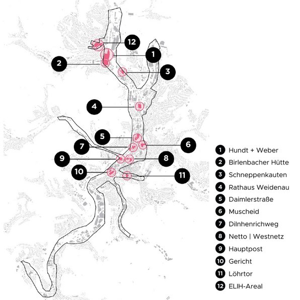 Die Karte zeigt das Stadtgebiet von Siegen. Ein bestimmter Bereich innerhalb des Stadtgebiets ist als näherer Untersuchungsbereich deutlich abgegrenzt, zum Beispiel durch eine farbige Umrandung oder eine andere visuelle Hervorhebung.