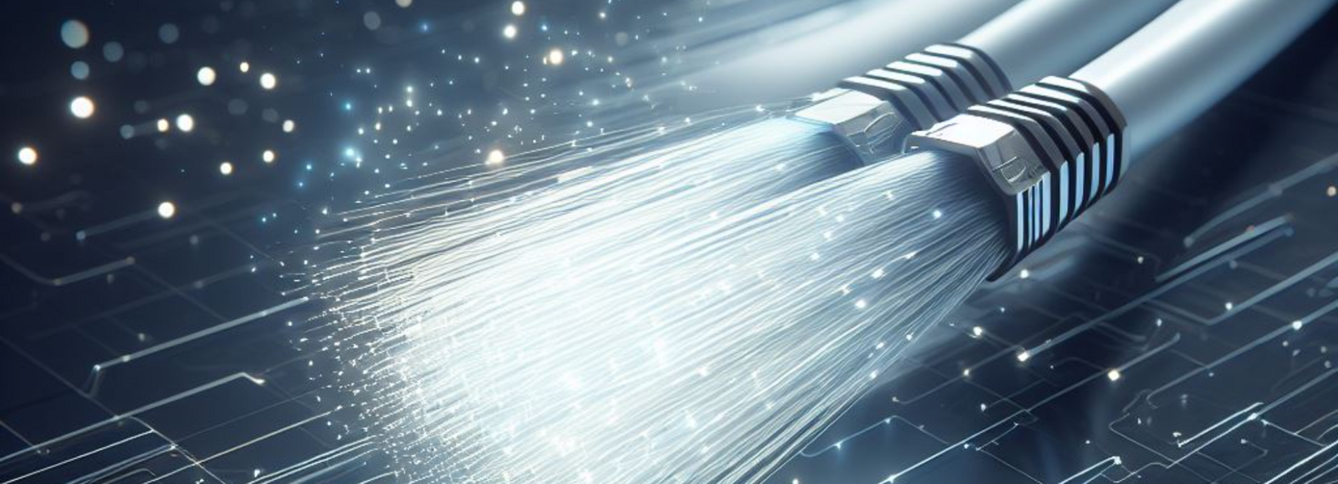 uf dem Bild sind Glasfaserkabel, auch Lichtwellenleiter (LWL) genannt, in einer digitalen Umgebung dargestellt. Die Illustration zeigt, wie Daten in Form von leuchtenden Lichtsignalen durch die sehr dünnen Fasern im Inneren der Kabel übertragen werden. 