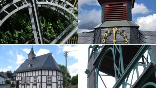 Wasserrad in Langenholdinghausen, Turmuhr des Bürgerhauses in Seelbach (obere Reihe, v.l.n.r.), Kapellenschule Trupbach und ehemaliger Steigerturm Bielfeld in Eiserfeld (untere Reihe, v.l.n.r.). (Symbolfotos: Stadt Siegen)