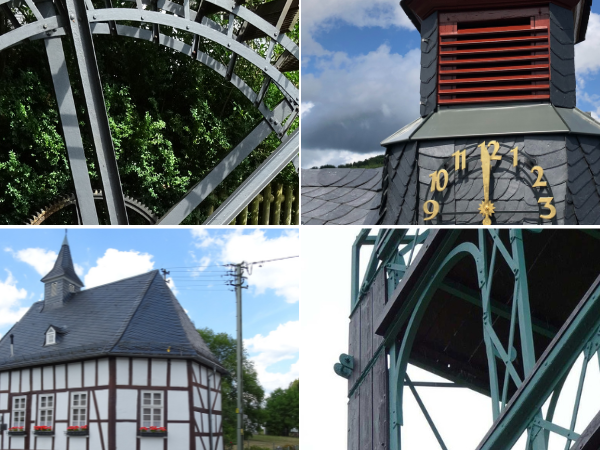 Wasserrad in Langenholdinghausen, Turmuhr des Bürgerhauses in Seelbach (obere Reihe, v.l.n.r.), Kapellenschule Trupbach und ehemaliger Steigerturm Bielfeld in Eiserfeld (untere Reihe, v.l.n.r.). (Symbolfotos: Stadt Siegen)