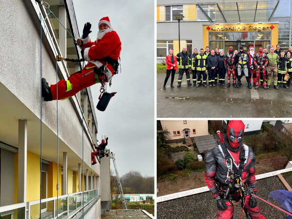 Rückblick 2024: Die Höhenretter der Feuerwehr Siegen seilen sich in Kostümen von Actionhelden zu den Patienten der Siegener Kinderklinik ab (Foto: DRK-Kinderklinik Siegen)