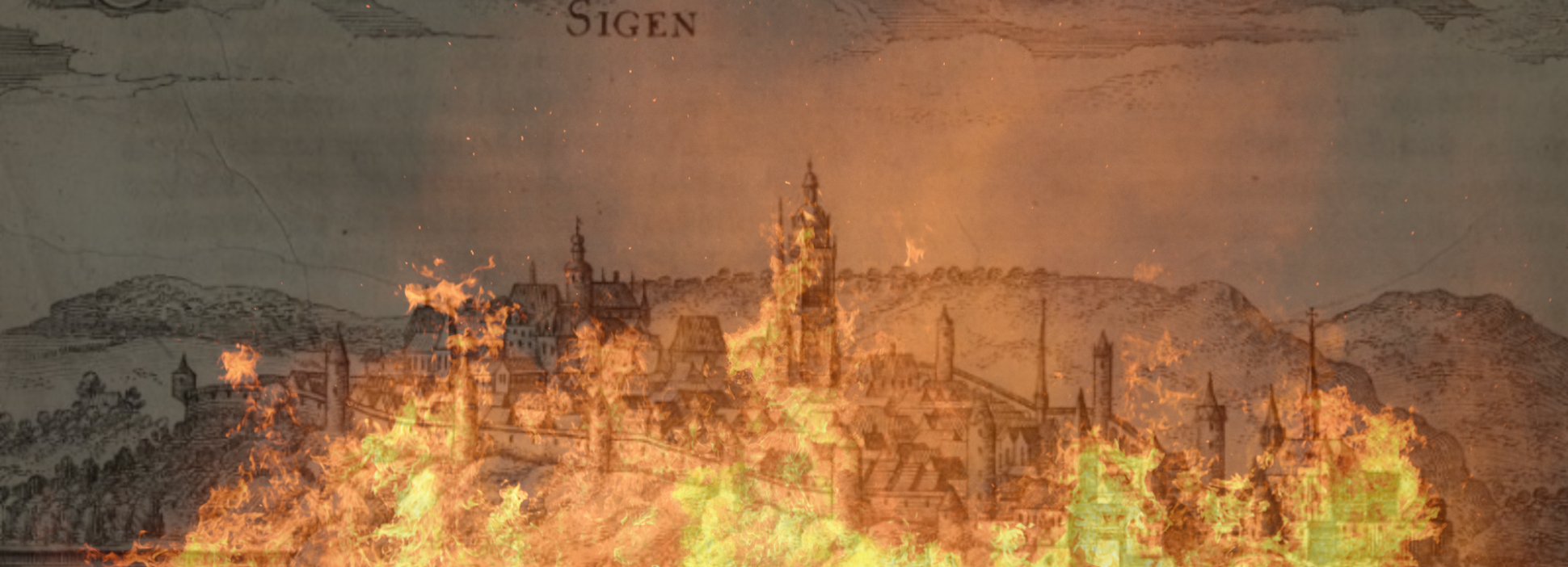 Simulation des Stadtbrandes Siegen mit Flammen - Hintergrundbild: Ansicht Siegens von Nordwesten aus der Topographia Hassiae von Matthäus Merian, 1646. Foto: Deutsches Historisches Museum / CC-BY-NC 4.0 International
